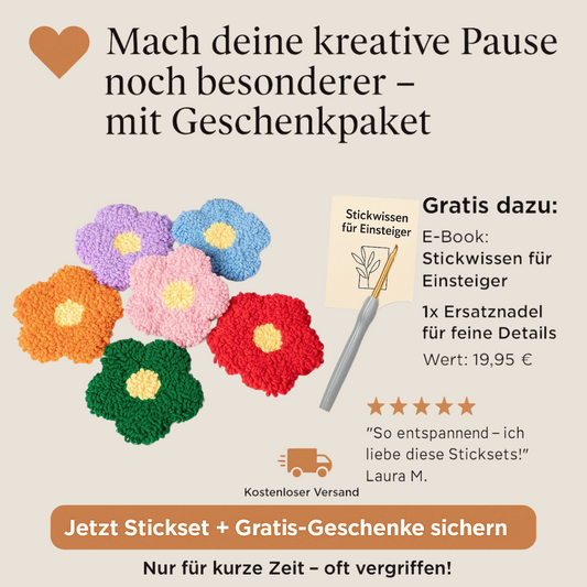 Bunte Punch Needle Blumen-Untersetzer als DIY Geschenkset – kreatives Handarbeitsprojekt für Anfänger mit kostenlosem Bloomnest™ E-Book, 6 farbenfrohe gehäkelte Blumen als Tischdeko oder Accessoire, perfekte Beschäftigung zum Entspannen & Verschenken