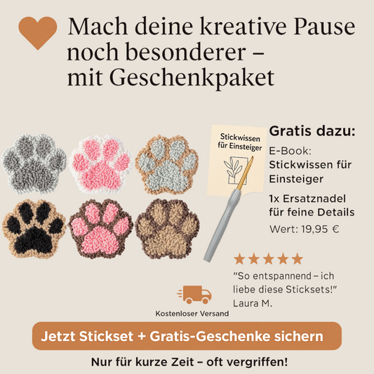 Punch Needle Blumen-Untersetzer als DIY-Projekt für kreative Auszeiten – inklusive Bloomnest™ E-Book im Wert von 19,95 €. Ideal für Anfänger und Bastelliebhaber. Perfekt für gemütliche Handarbeitsmomente mit über 2400 zufriedenen Kunden.