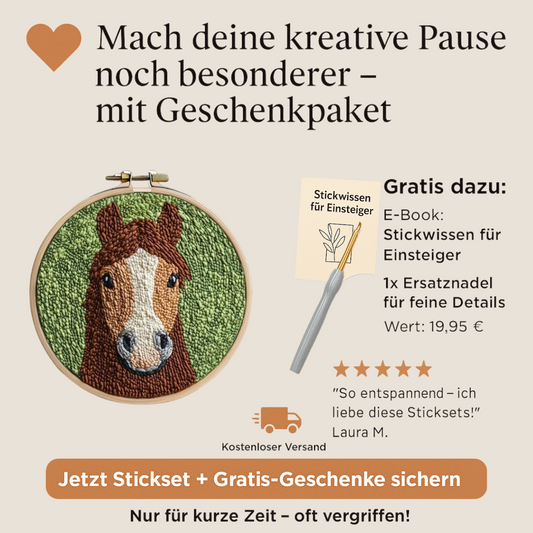 DIY Stickset mit Pferdemotiv für kreative Auszeit – Punch Needle Set HeartHorse™ inklusive Gratis E-Book, perfektes Geschenk für Pferdeliebhaber, Handarbeitsfans & entspannte Bildschirmpausen.

