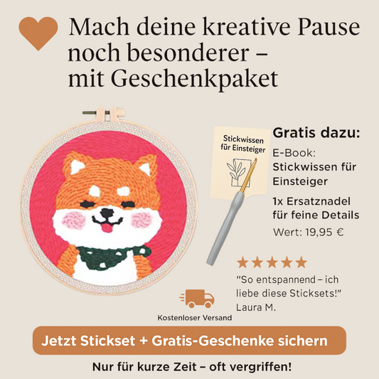 Punch-Needle-Stickset mit Fuchs-Motiv im Stickrahmen. Text: „Mach deine kreative Pause noch besonderer – mit Geschenkpaket“. Gratis dazu: E-Book „Stickwissen für Einsteiger“ + Ersatznadel (Wert: 19,95 €). Kundenbewertung mit 5 Sternen: „So entspannend – ich liebe diese Sticksets!“ – Laura M. Button: „Jetzt Stickset + Gratis-Geschenke sichern“. Hinweis auf kostenlosen Versand und Verfügbarkeit: „Nur für kurze Zeit – oft vergriffen!“.

