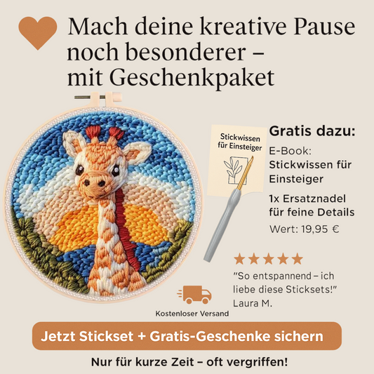 Punch Needle Stickset mit Giraffenmotiv inkl. Gratis-Geschenkpaket: E-Book für Einsteiger, Ersatznadel und Versand – ideales DIY-Set für kreative Pausen
