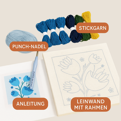 Punch Needle Set mit Stickgarn, Punch-Nadel, Anleitung und vorgedruckter Leinwand mit Blumenmotiv – ideal für kreative DIY-Projekte