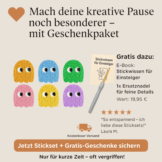 GhostLoops™ Punch Needle Stickset mit 6 bunten Geistermotiven im Retro-Stil. Werbegrafik mit beige Hintergrund, Text: „Mach deine kreative Pause noch besonderer – mit Geschenkpaket“. Gratiszugaben: E-Book für Einsteiger & Ersatznadel im Wert von 19,95 €. Kundenbewertung, kostenloser Versand, CTA-Button: „Jetzt Stickset + Gratis-Geschenke sichern“.








