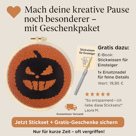 Punch Needle Stickbild mit Halloween-Kürbis-Motiv in orangem Garn, dazu Gratisgeschenke wie E-Book ‚Stickwissen für Einsteiger‘ und Ersatznadel, beworben mit 5-Sterne-Bewertung, kostenlosem Versand und Aktionsbutton ‚Jetzt Stickset + Gratis-Geschenke sichern‘