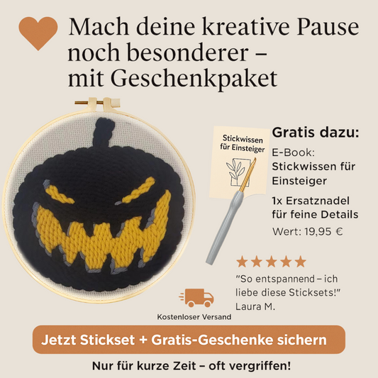 Punch Needle Stickbild mit finster grinsendem Kürbis-Motiv in Schwarz und Gelb, daneben Gratisgeschenke wie E-Book ‚Stickwissen für Einsteiger‘ und Ersatznadel im Wert von 19,95 €, 5-Sterne-Bewertung, kostenloser Versand und Button ‚Jetzt Stickset + Gratis-Geschenke sichern‘