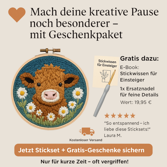 Handgemachtes Stickbild mit Highland-Kuh aus hochwertiger Highland-Wolle – detailreiches DIY-Stickset für kreative Auszeiten. Perfekt als Wanddeko oder Geschenk für Handarbeitsliebhaber. Inklusive gratis E-Book mit Anleitung. Über 2400 zufriedene Kunden.
