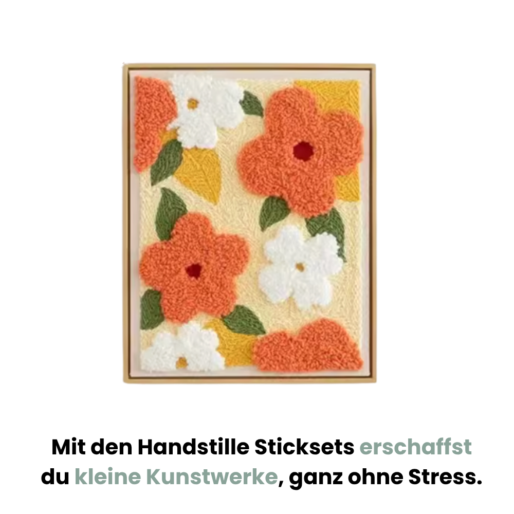 Handstille Punch Needle Stickset mit Blumenmuster – DIY Stickbild in Orange und Weiß für kreative Entspannung und Achtsamkeit zuhause
