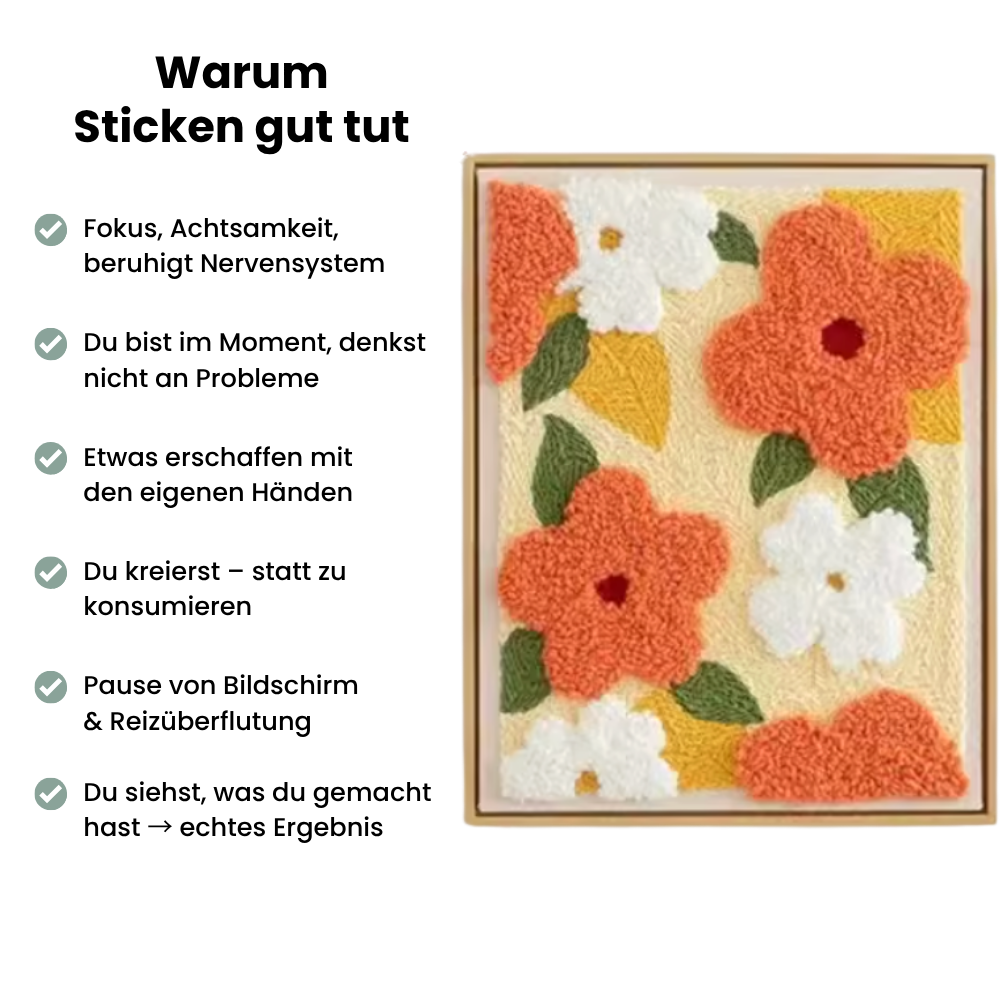 Punch Needle Stickbild Blumen – Handstille DIY Stickset für Achtsamkeit und Entspannung, kreative Handarbeit mit orangefarbenen und weißen Blumen