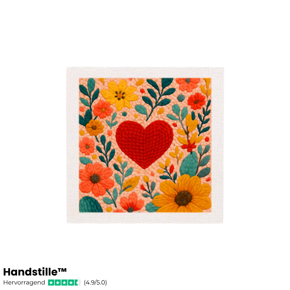 Punch Needle Stickbild mit rotem Herz in der Mitte, umgeben von bunten Blumen in warmen Farben – DIY Stickset für Anfänger von Handstille