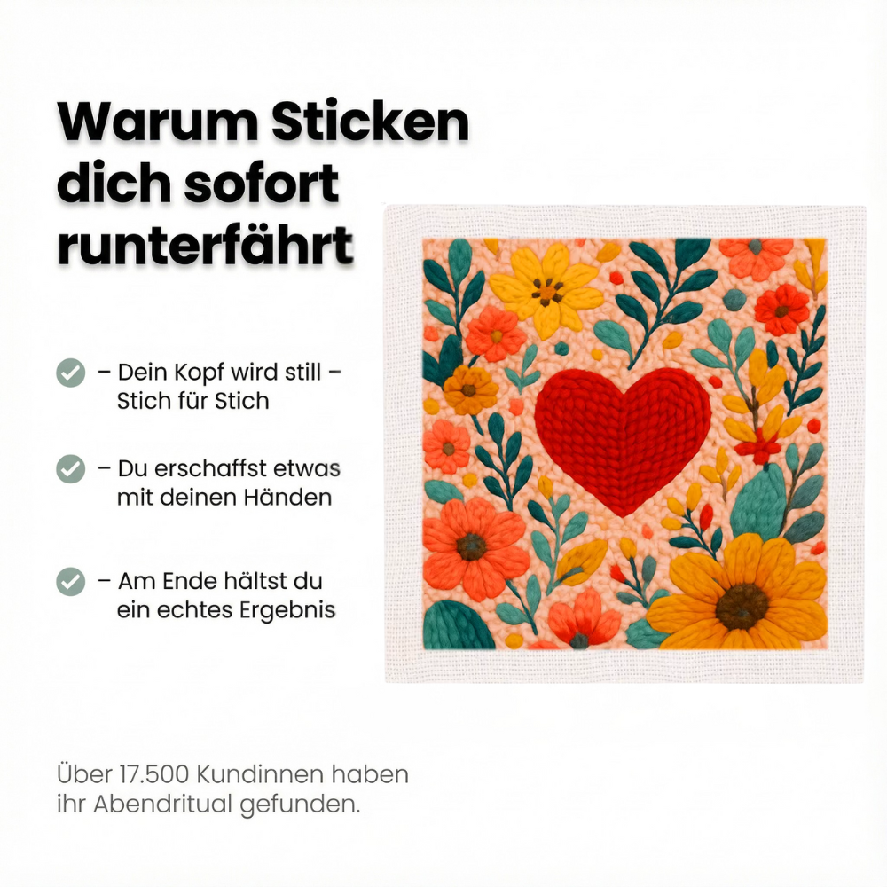 Handstille Punch Needle Stickset mit Herz- und Blumenmotiv – entspannendes DIY Hobby für Anfänger, das den Kopf beruhigt und kreative Ergebnisse zum Anfassen schafft