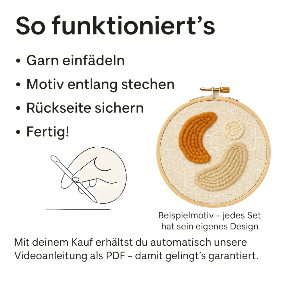 Punch Needle Anleitung von Handstille – Schritt-für-Schritt Erklärung zum Sticken: Garn einfädeln, Motiv stechen, sichern und fertig