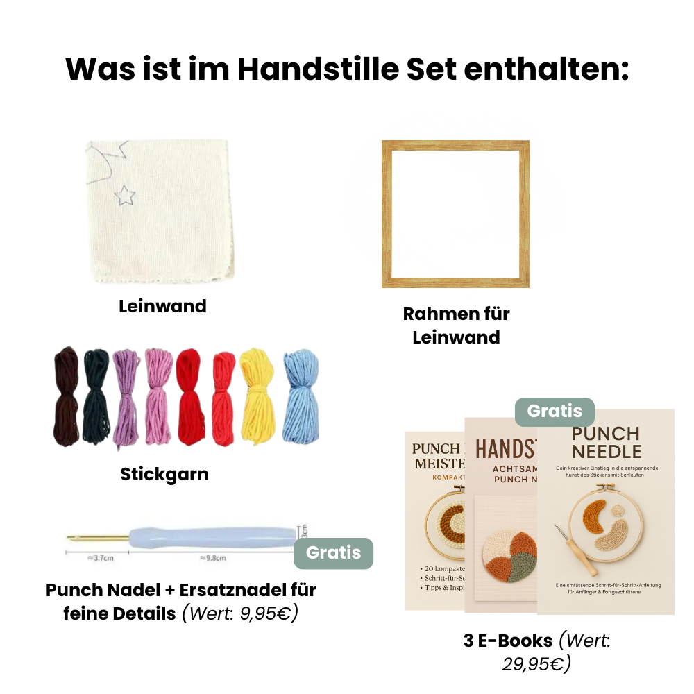 Handstille Punch Needle Set Inhalt – Leinwand, Stickrahmen, bunte Garne, Punch Nadel mit Ersatznadel und 3 Gratis E-Books für kreatives Sticken