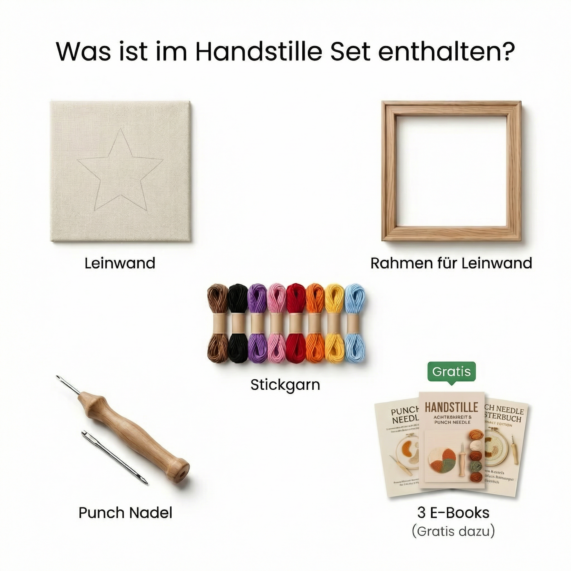 Handstille Punch Needle Set Inhalt – Leinwand, Rahmen, Stickgarn, Punch Needle Werkzeug und 3 kostenlose E-Books im Komplettset für Anfänger