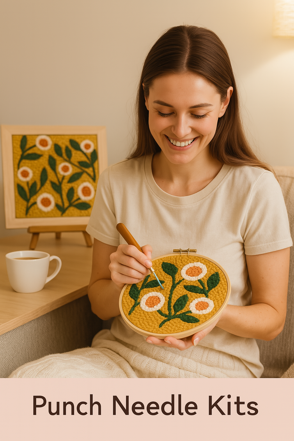 Junge Frau stickt Punch Needle DIY-Blumenmotiv – ideales Anfänger-Set zum Entspannen